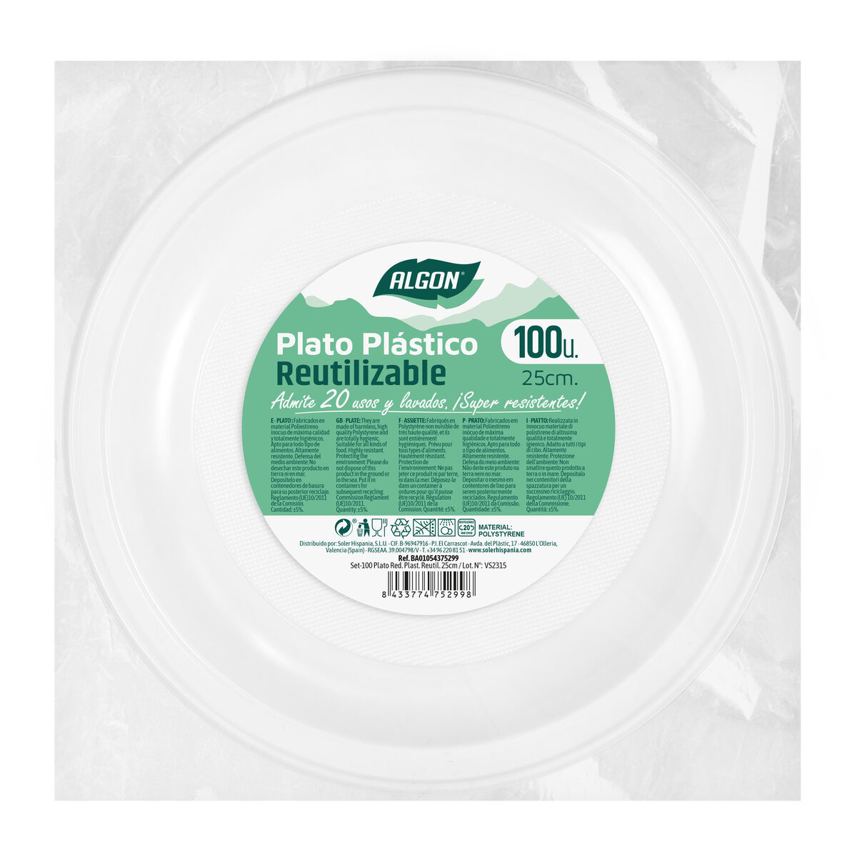 Set med återanvändbara tallrikar Algon Rund Vit 25 x 25 x 2,5 cm Plast 100 antal - 2