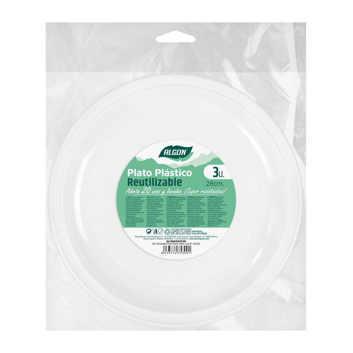 Set med återanvändbara tallrikar Algon Rund Vit 28 cm Plast 3 antal - 2