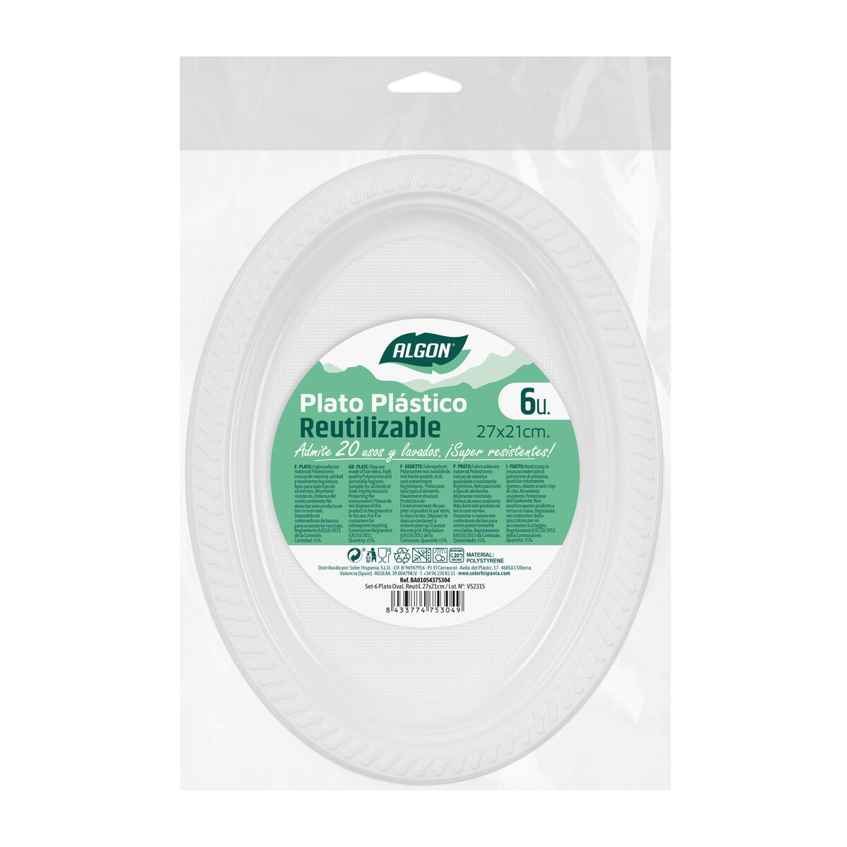 Set med återanvändbara tallrikar Algon Vit 27 x 21 cm Plast Avlång 6 antal - 2