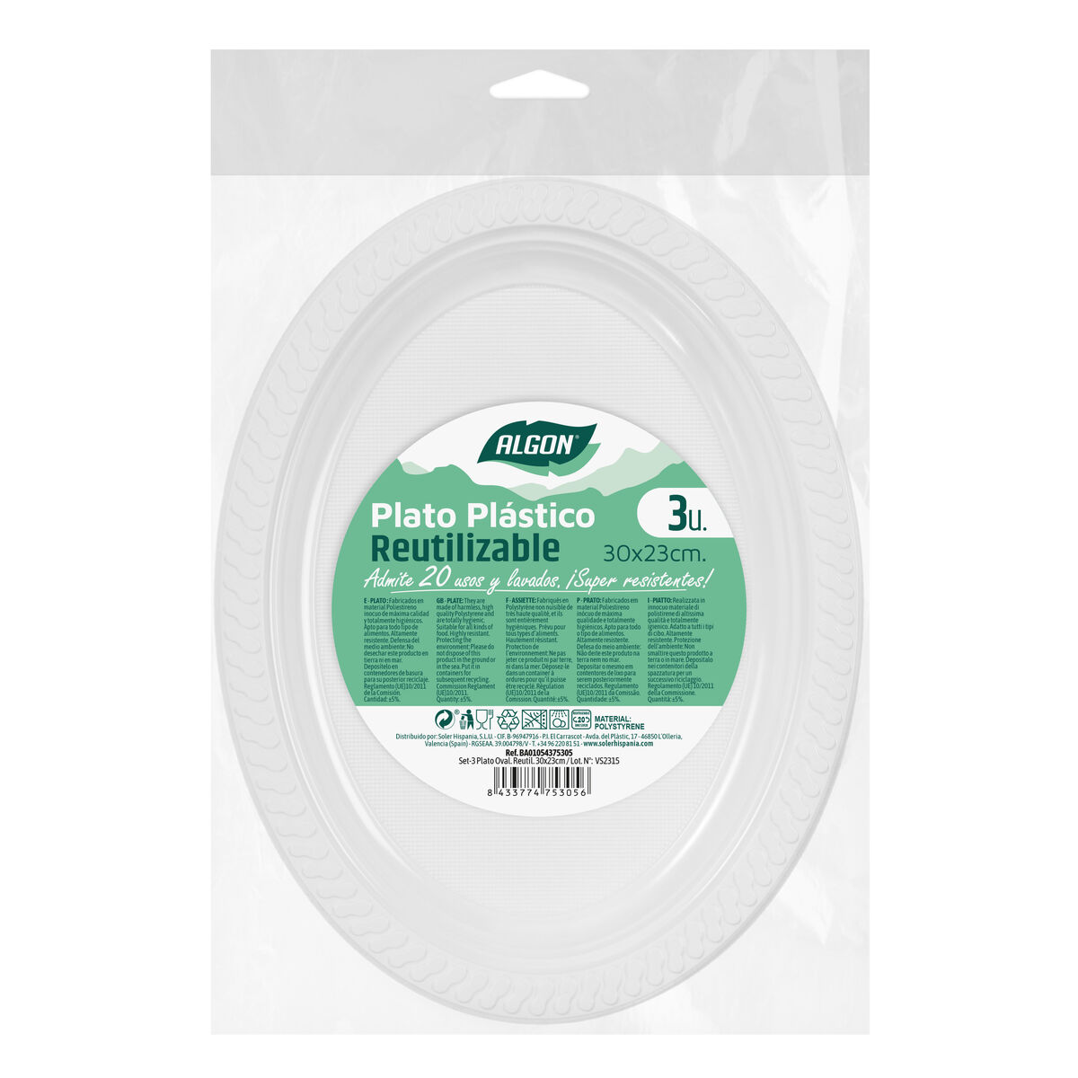 Set med återanvändbara tallrikar Algon Vit Plast 30 x 23 cm Avlång 3 antal - 2