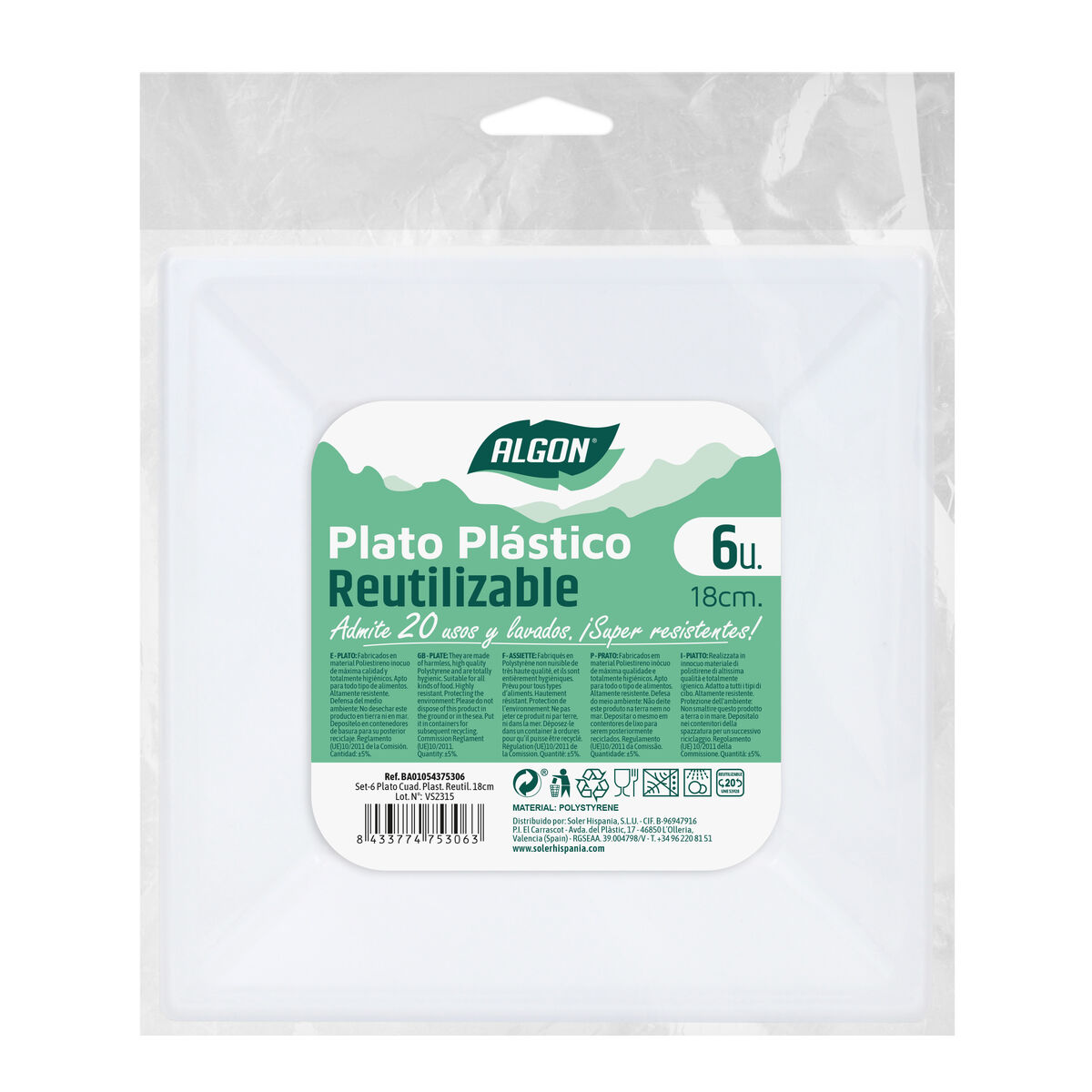 Set med återanvändbara tallrikar Algon Fyrkantig Plast 18 cm 6 antal - 2
