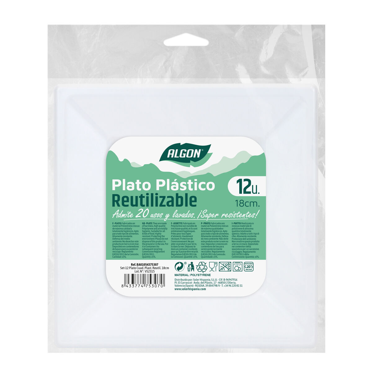 Set med återanvändbara tallrikar Algon Fyrkantig Plast 18 cm 12 antal - 2