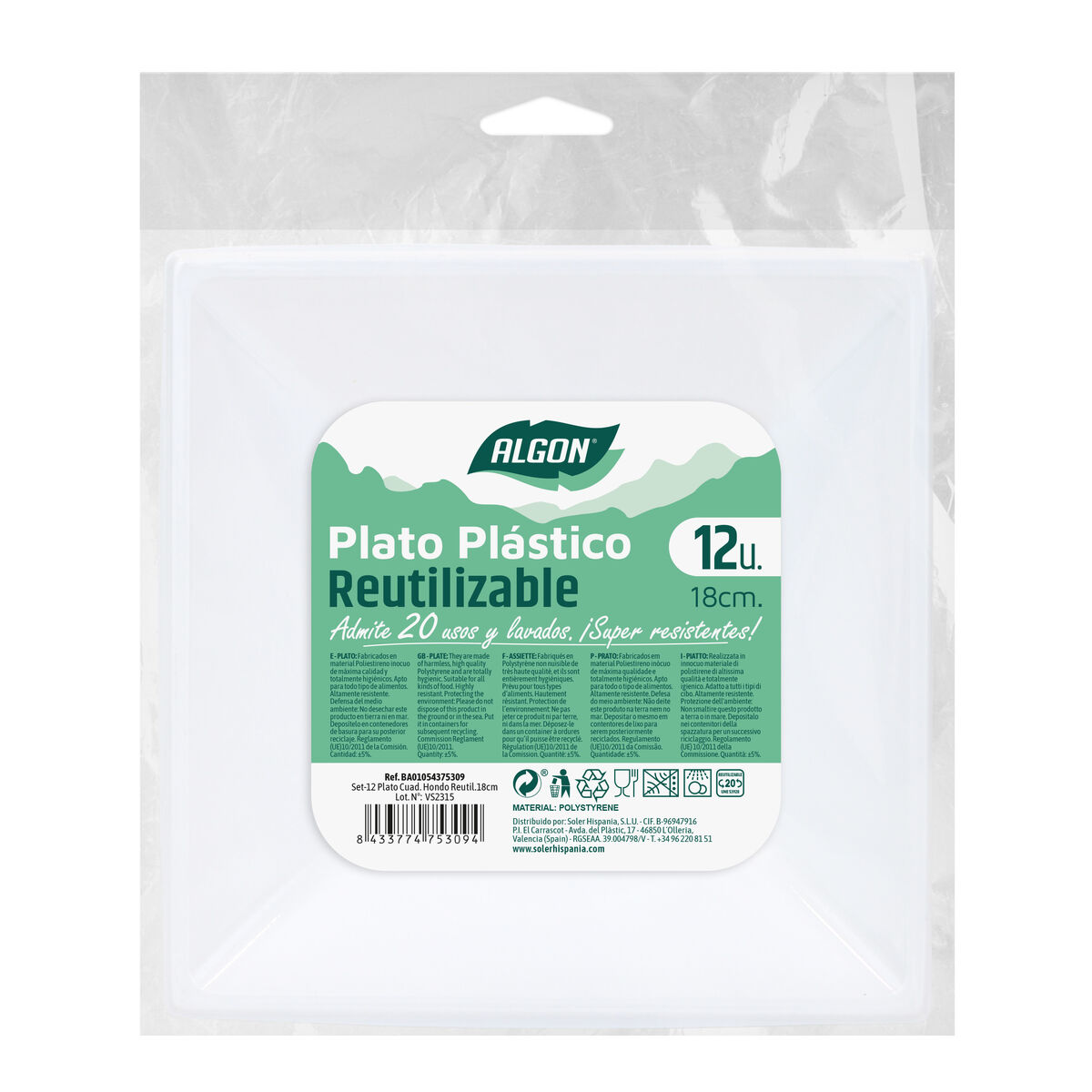 Set med återanvändbara tallrikar Algon Fyrkantig Vit Plast 18 x 18 x 4 cm 12 antal - 2