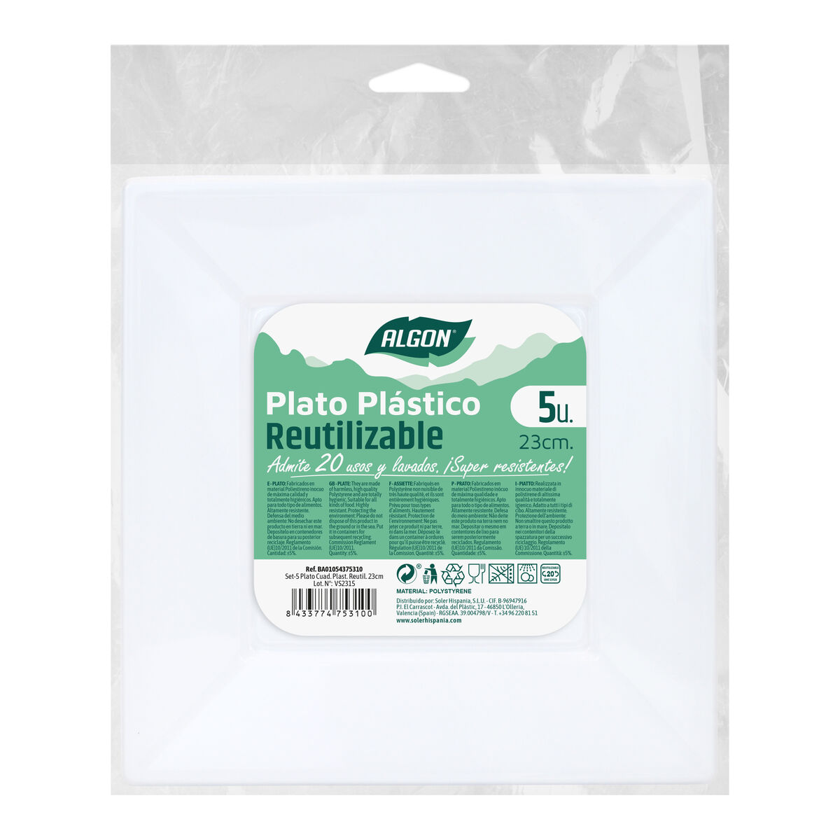 Set med återanvändbara tallrikar Algon Fyrkantig Vit Plast 23 cm 5 antal - 2