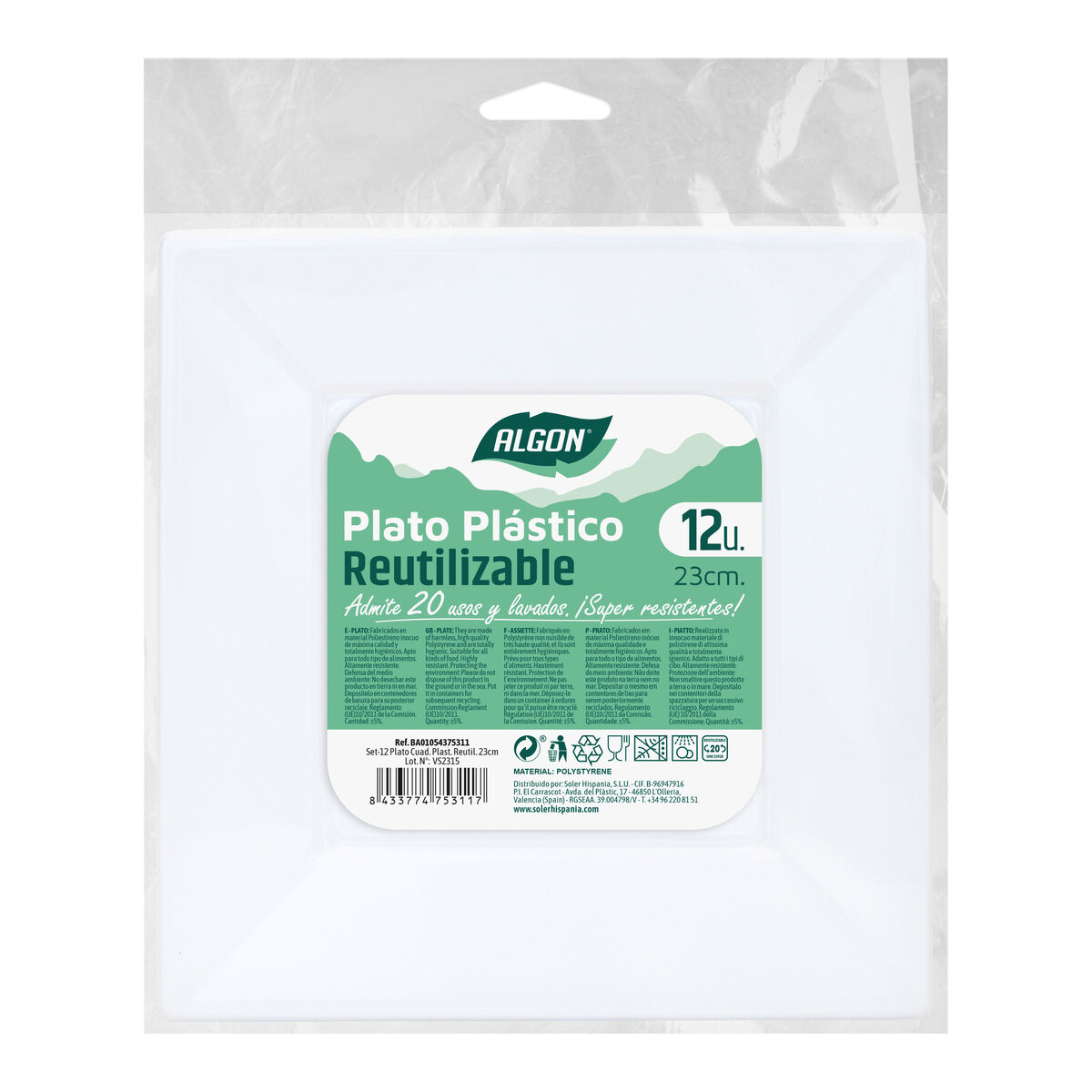 Set med återanvändbara tallrikar Algon Fyrkantig Vit Plast 23 cm 12 antal - 2