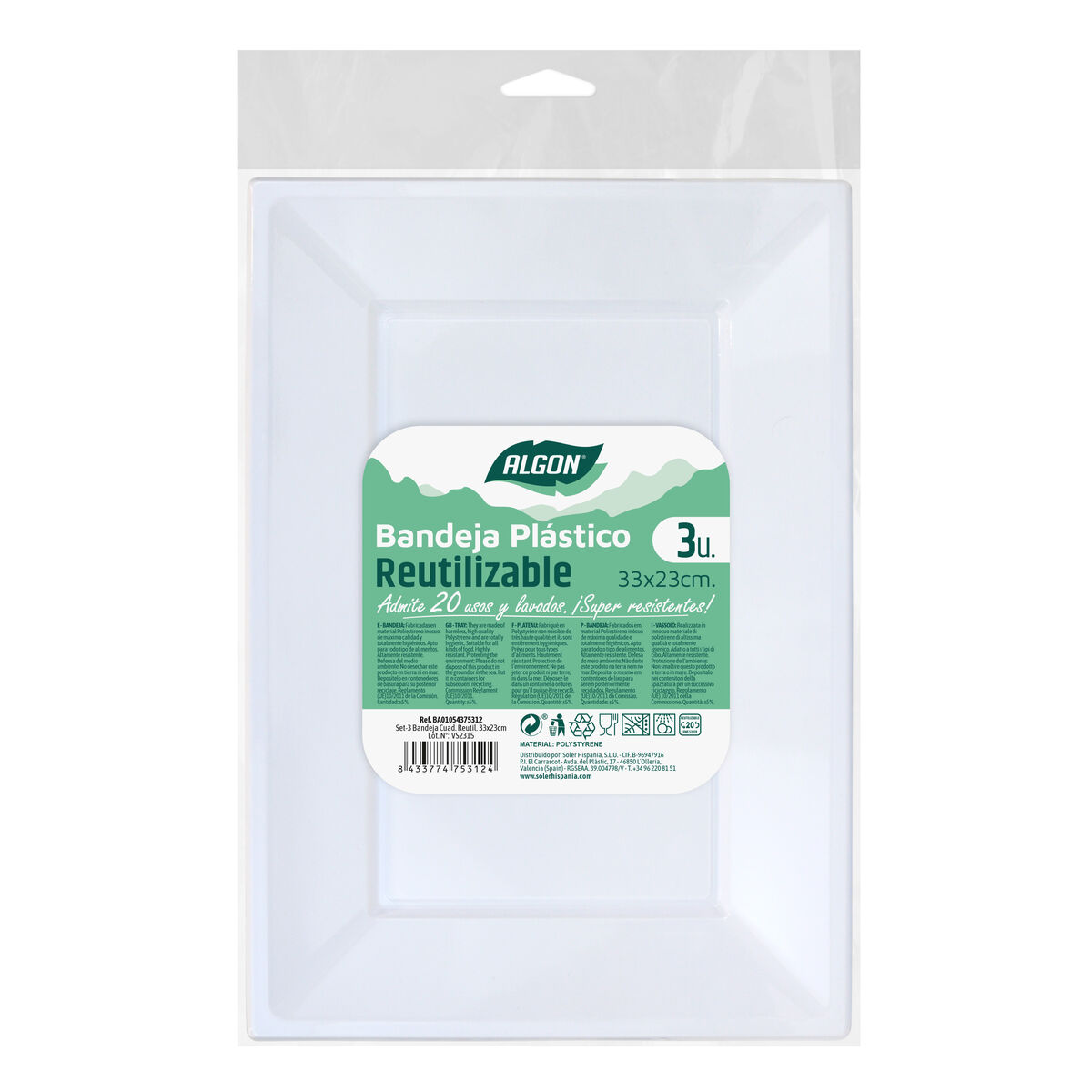 Set med återanvändbara tallrikar Algon Rektangulär Vit Plast 33 x 23 cm 3 antal - 2