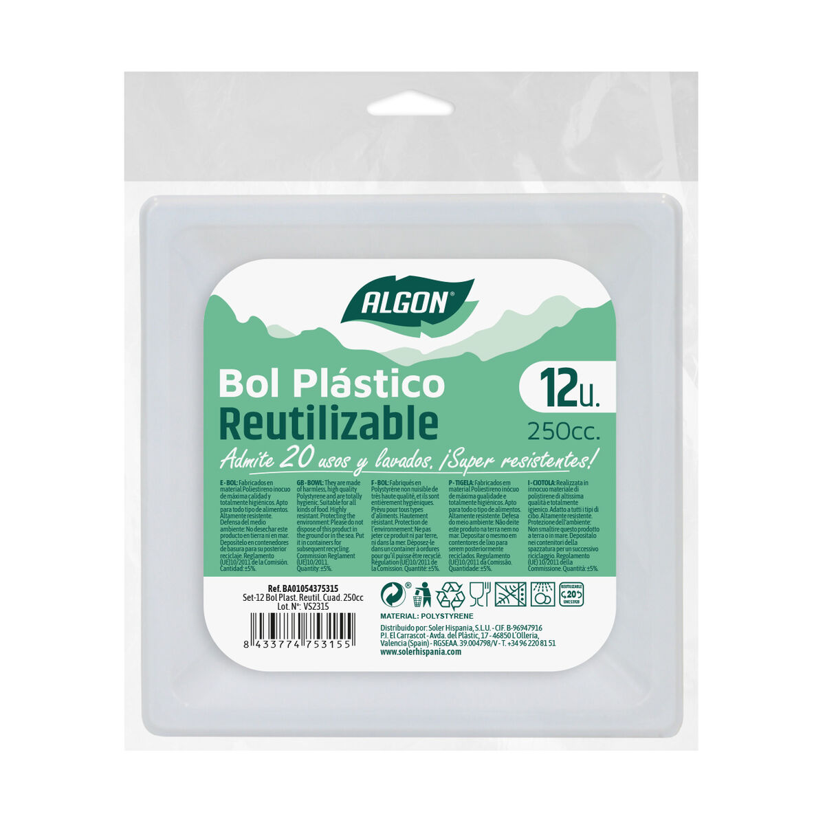 Set med återanvändbara skålar Algon 250 ml Fyrkantig Vit Plast 12 antal - 2