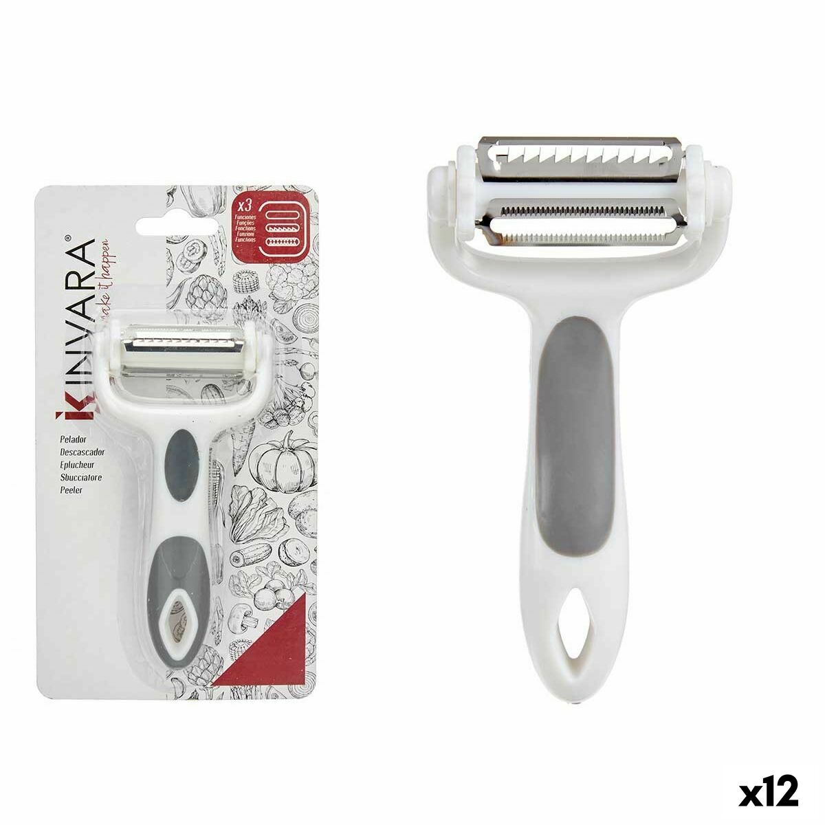 Potatisskalare 3 i 1 12 x 3 x 22 cm Grå Rostfritt stål Vit polypropen TPR (12 antal)