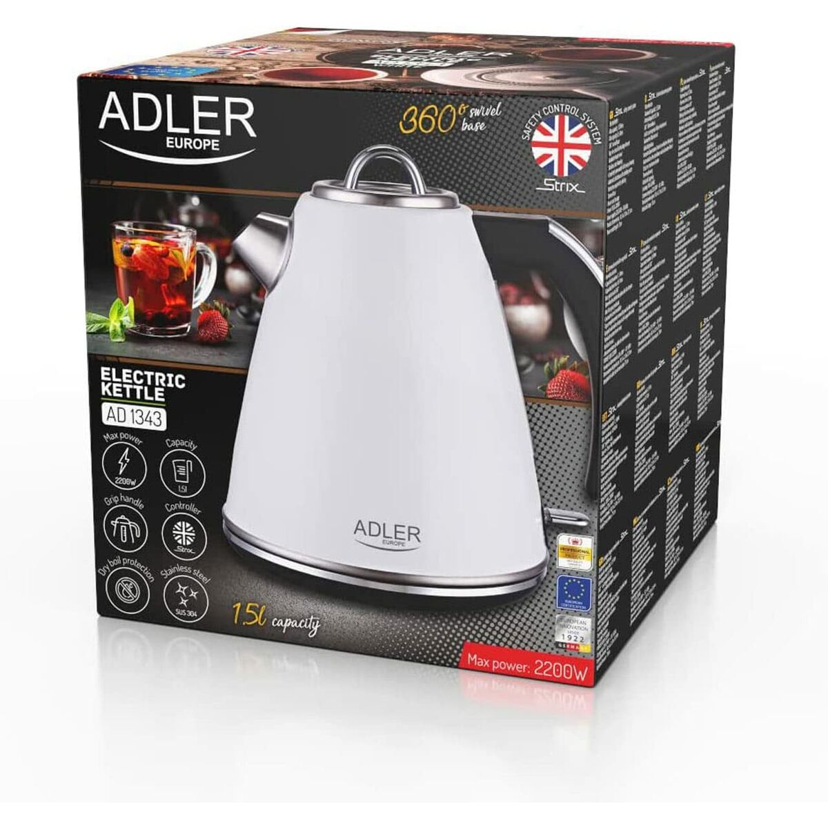 Vattenkokare Adler AD 1341 Vit Rostfritt stål 2200 W 1,5 L - 2