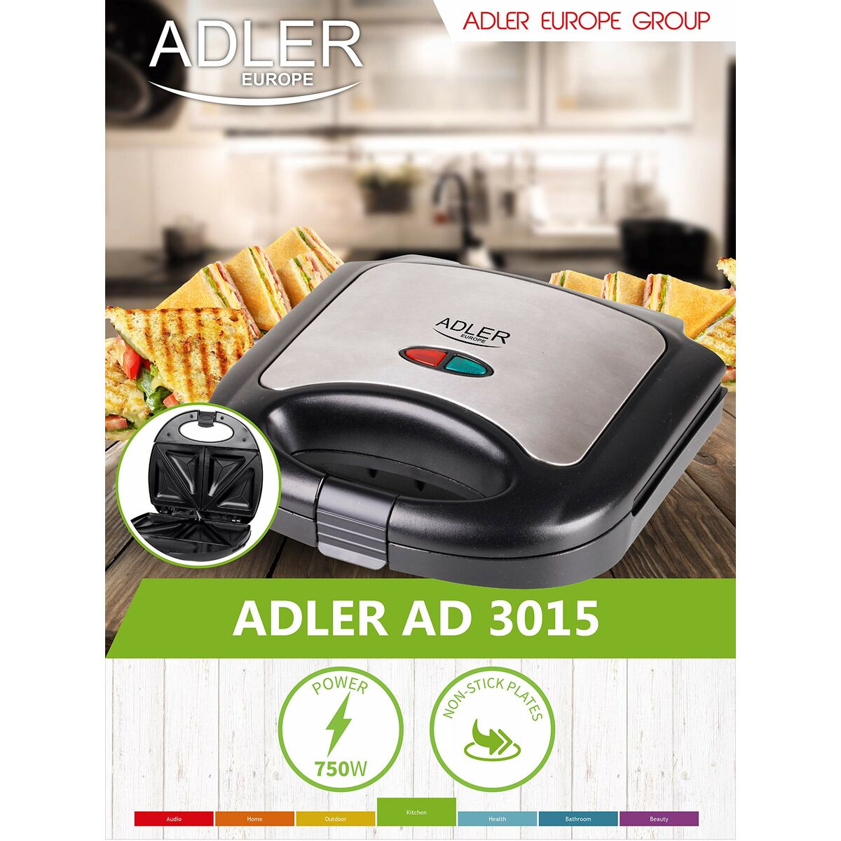 Smörgåsmaskin Adler AD 3015 Svart Multicolour Silvrig 750 W - 2