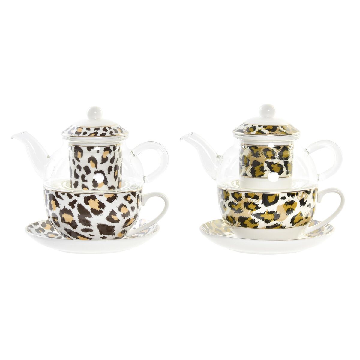 Tekanna DKD Home Decor Leopard Glas Porslin Brun Transparent Vit (2 antal)