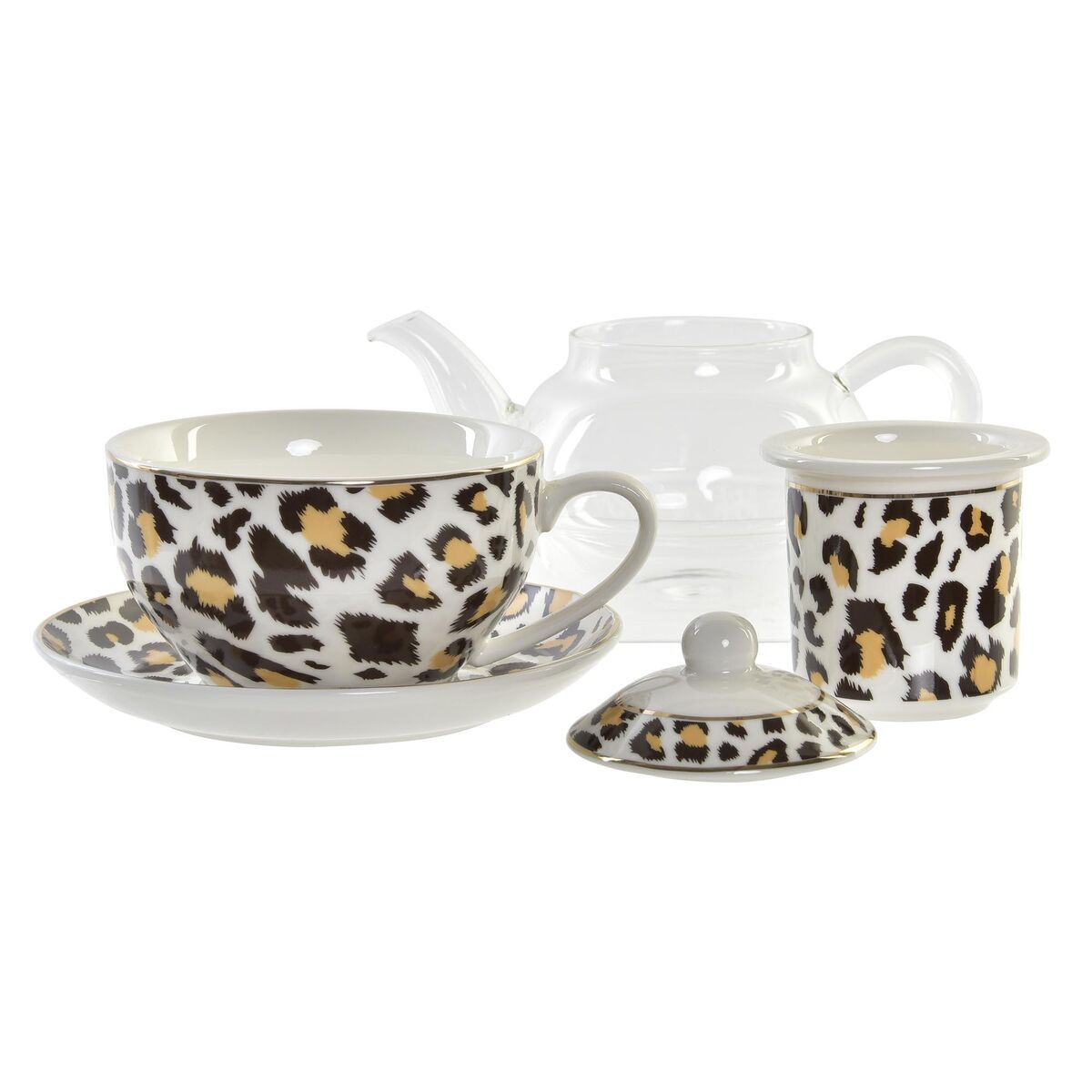 Tekanna DKD Home Decor Leopard Glas Porslin Brun Transparent Vit (2 antal) - 4