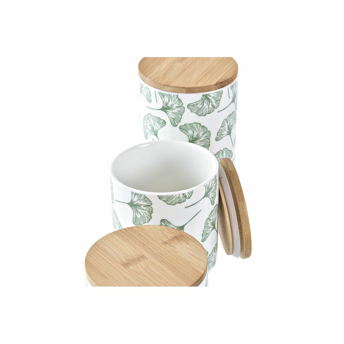 Uppsättning med 3 Burkar DKD Home Decor Naturell Vit Grön Bambu Stengods Tropiskt 10 x 10 x 17 cm - 3