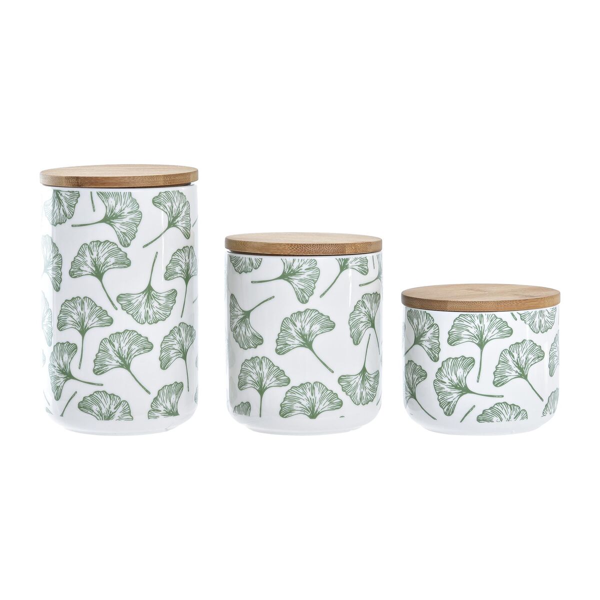 Uppsättning med 3 Burkar DKD Home Decor Naturell Vit Grön Bambu Stengods Tropiskt 10 x 10 x 17 cm