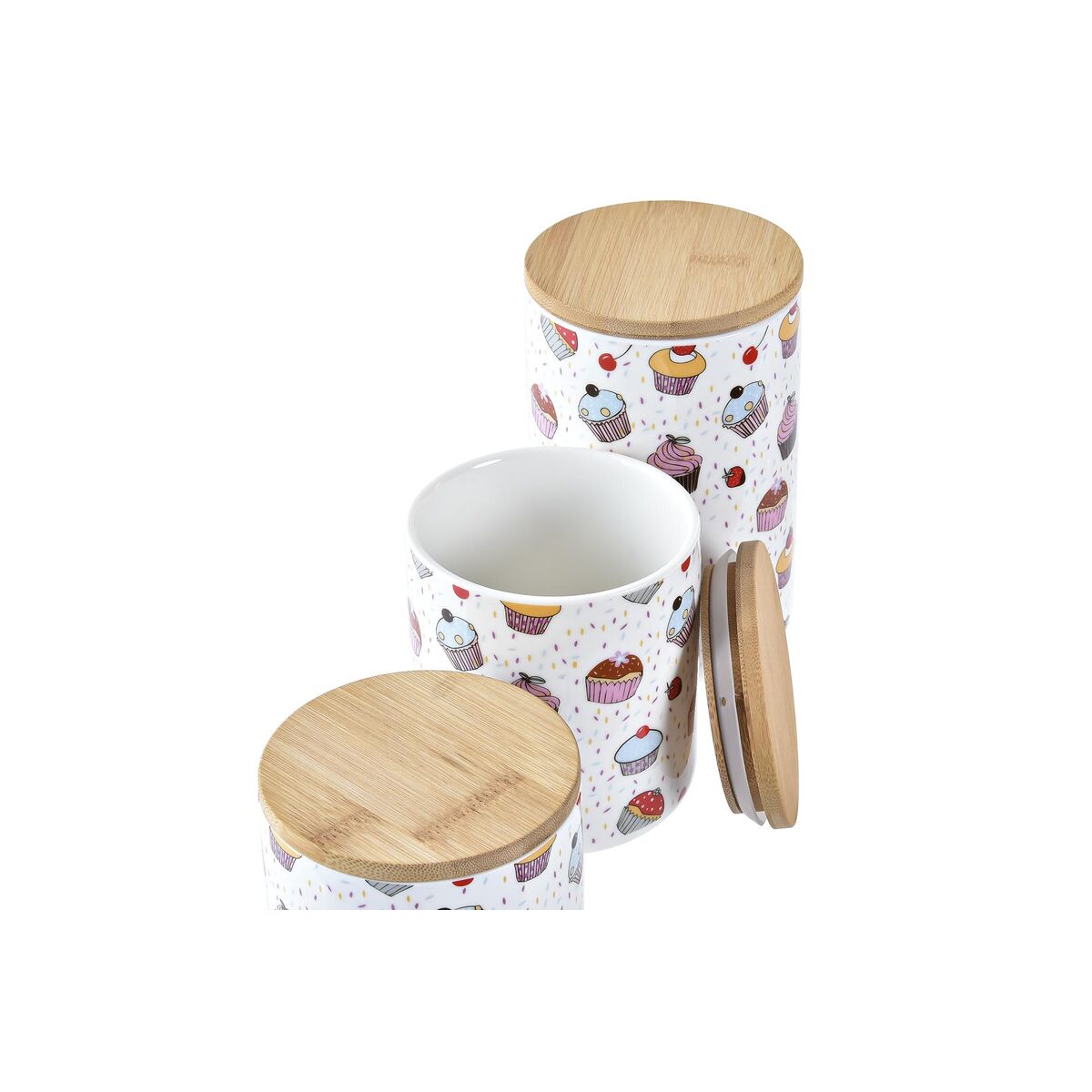 Uppsättning med 3 Burkar DKD Home Decor Naturell Vit Multicolour Bambu Stengods 10 x 10 x 17 cm Cupcake - 3