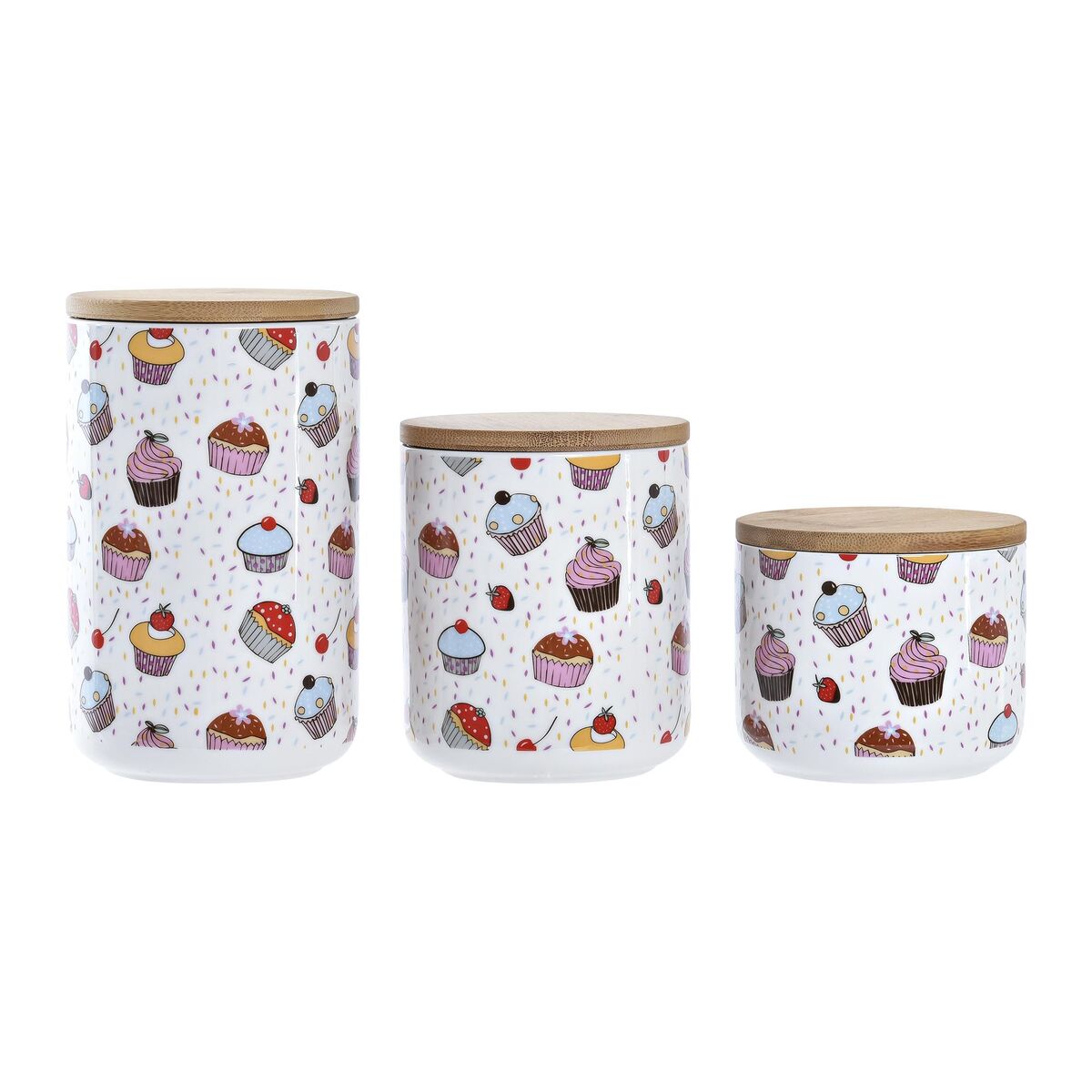 Uppsättning med 3 Burkar DKD Home Decor Naturell Vit Multicolour Bambu Stengods 10 x 10 x 17 cm Cupcake
