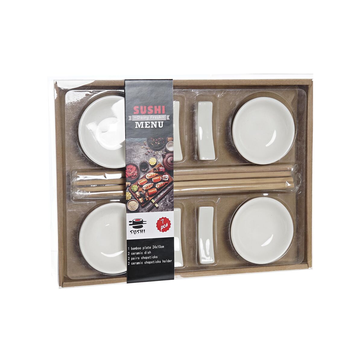 Sushiset DKD Home Decor Bambu Stengods Vit Naturell Orientalisk 27,3 x 20,3 x 2,5 cm (12 antal) - 2