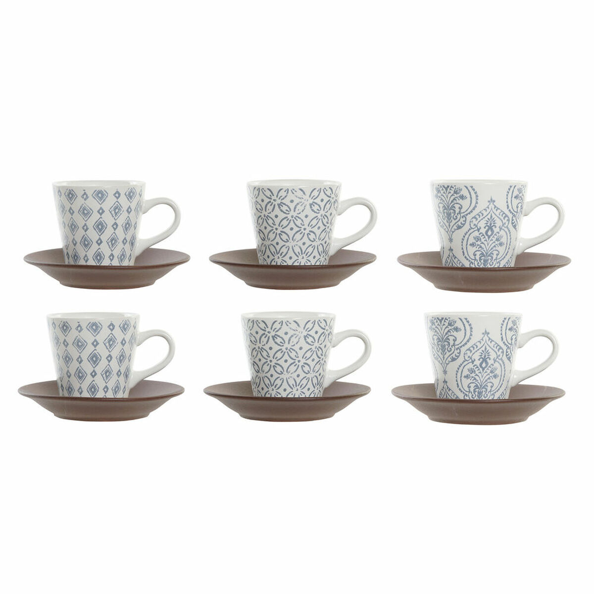 Set med kaffekoppar DKD Home Decor Blå Brun Gummiträ Vit Stengods 90 ml