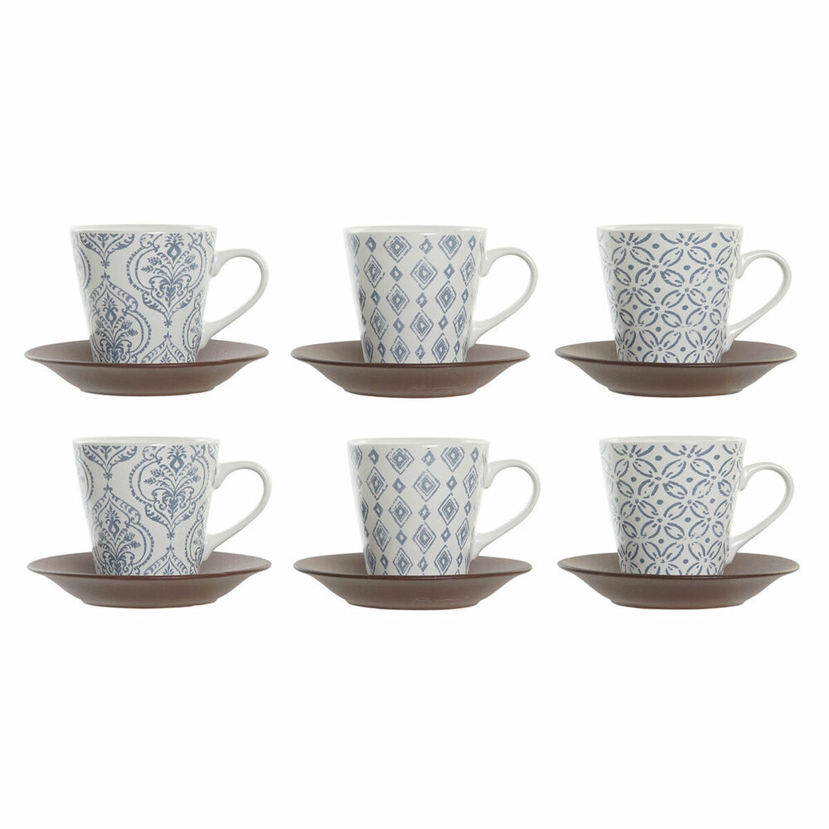 Set med kaffekoppar DKD Home Decor Blå Brun Gummiträ Vit Stengods 150 ml