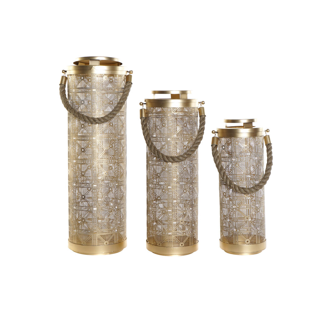 Set med ljusstakar DKD Home Decor (3 pcs) Gyllene Metall Jute (24 x 24 x 66 cm)