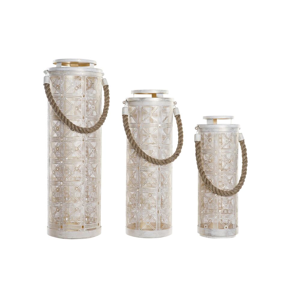 Set med ljusstakar DKD Home Decor (3 pcs) Gyllene Metall Snöre Vit (24 x 24 x 66 cm)