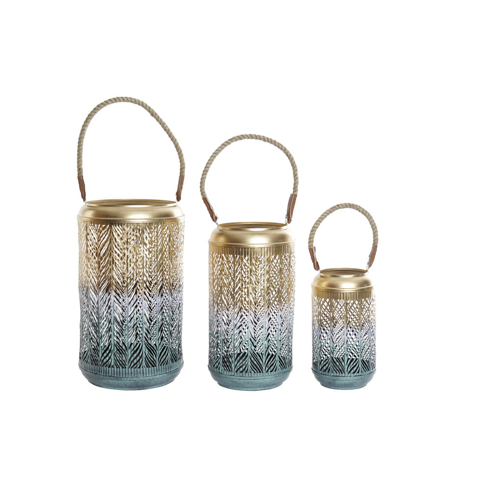 Set med ljusstakar DKD Home Decor (3 pcs) Gyllene Blå Metall Snöre PU (25 x 25 x 46	 cm)