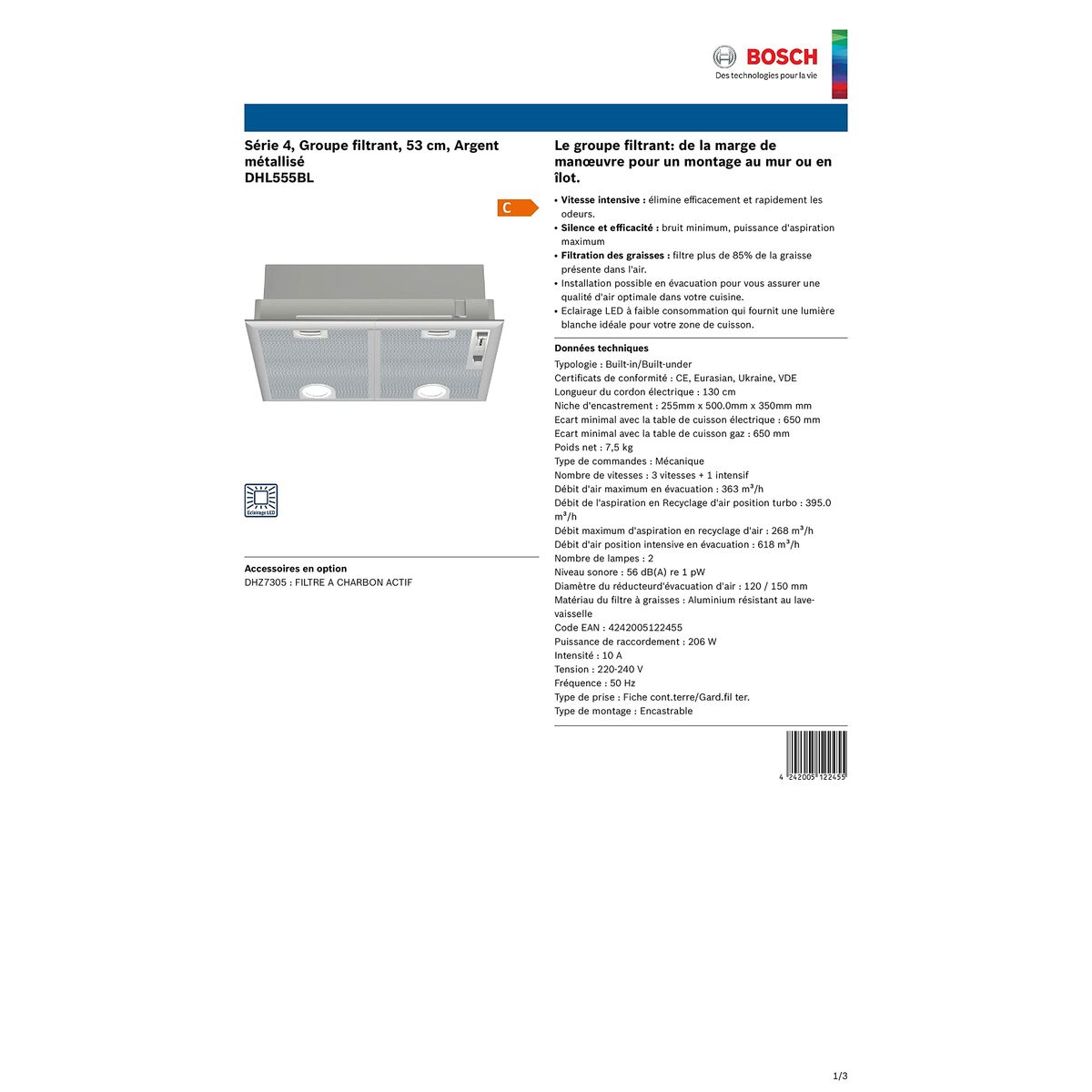 Konventionell fläkt BOSCH DHL555BL Silvrig - 2