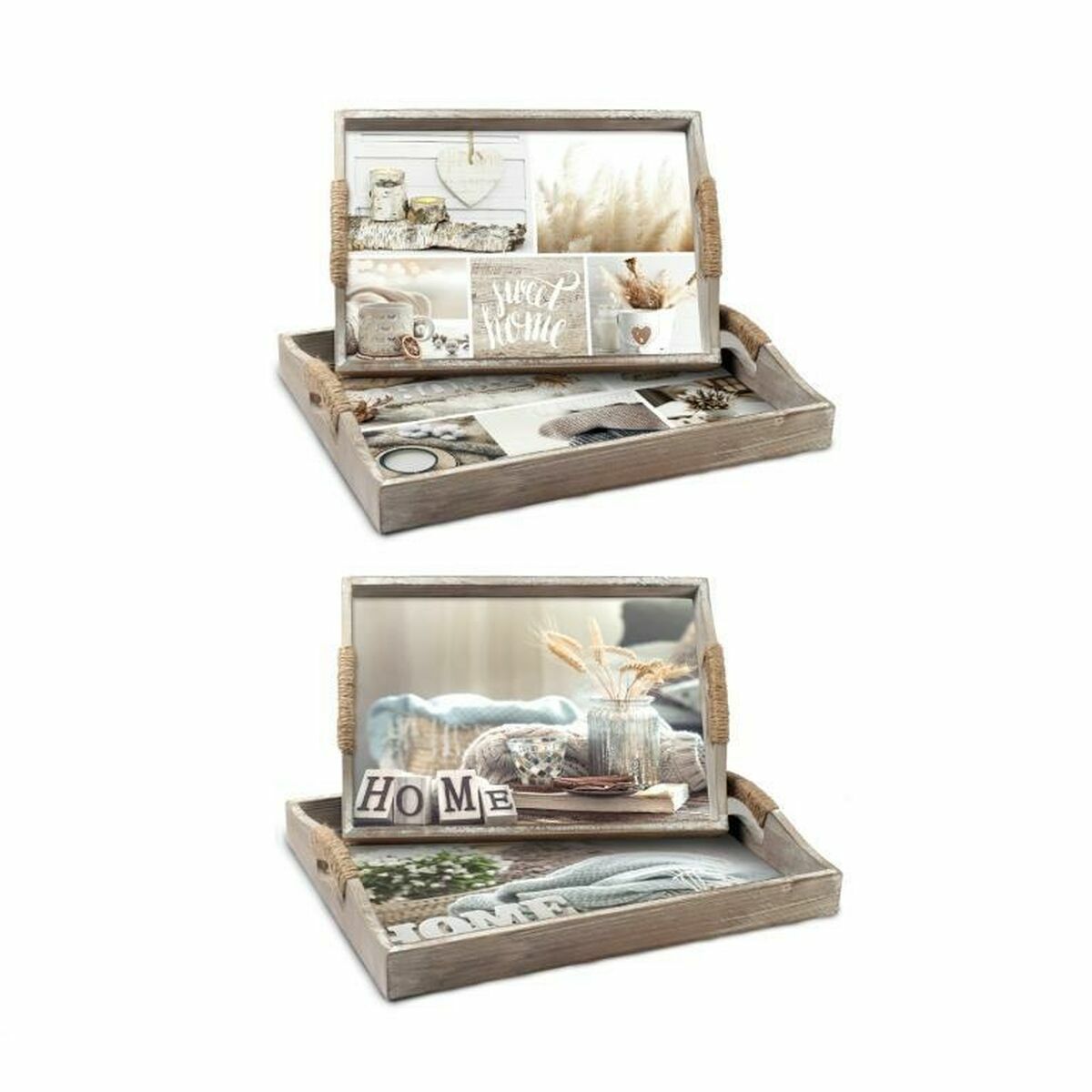 Uppsättning med Brickor DKD Home Decor Beige 40 x 30 x 6 cm Trä MDF (2 antal) - 4