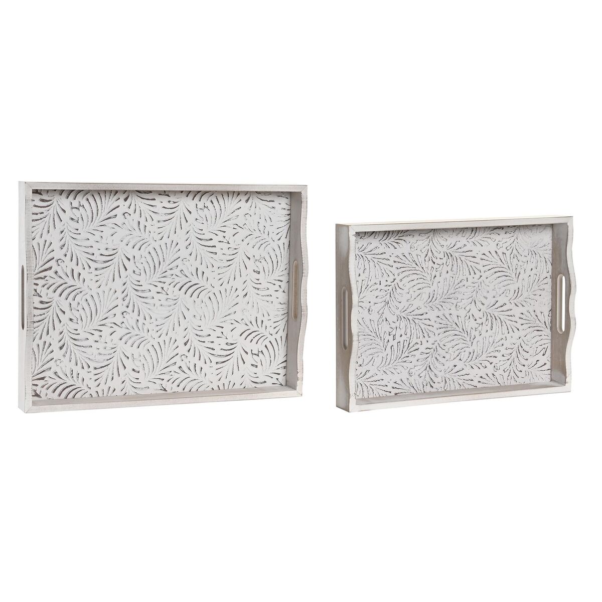 Uppsättning med Brickor DKD Home Decor 39 x 30 x 5 cm Antikbehandlad Brun Vit Tropiskt Trä MDF Löv av en växt (2 antal)
