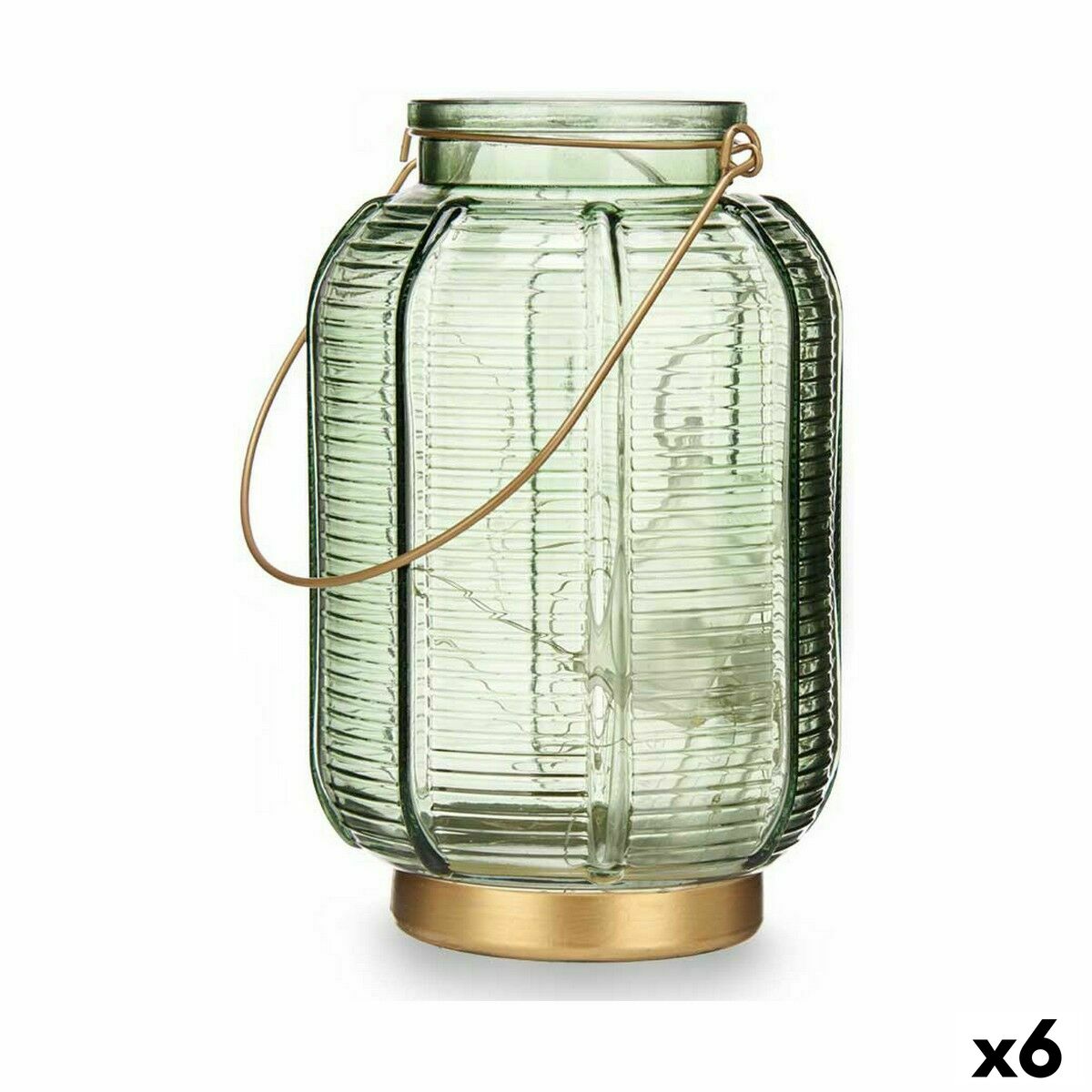 LED-lykta Ränder Grön Gyllene Glas 13,5 x 22 x 13,5 cm (6 antal)