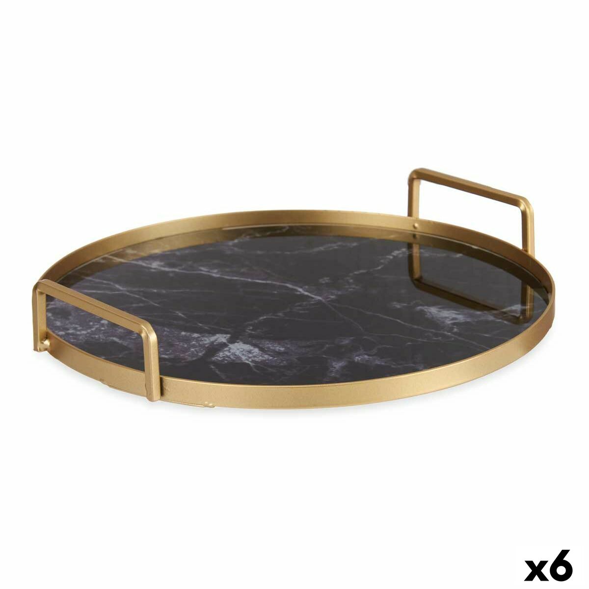 Bricka Marmor Svart Gyllene Metall Glas 25 x 4 x 25 cm (6 antal)