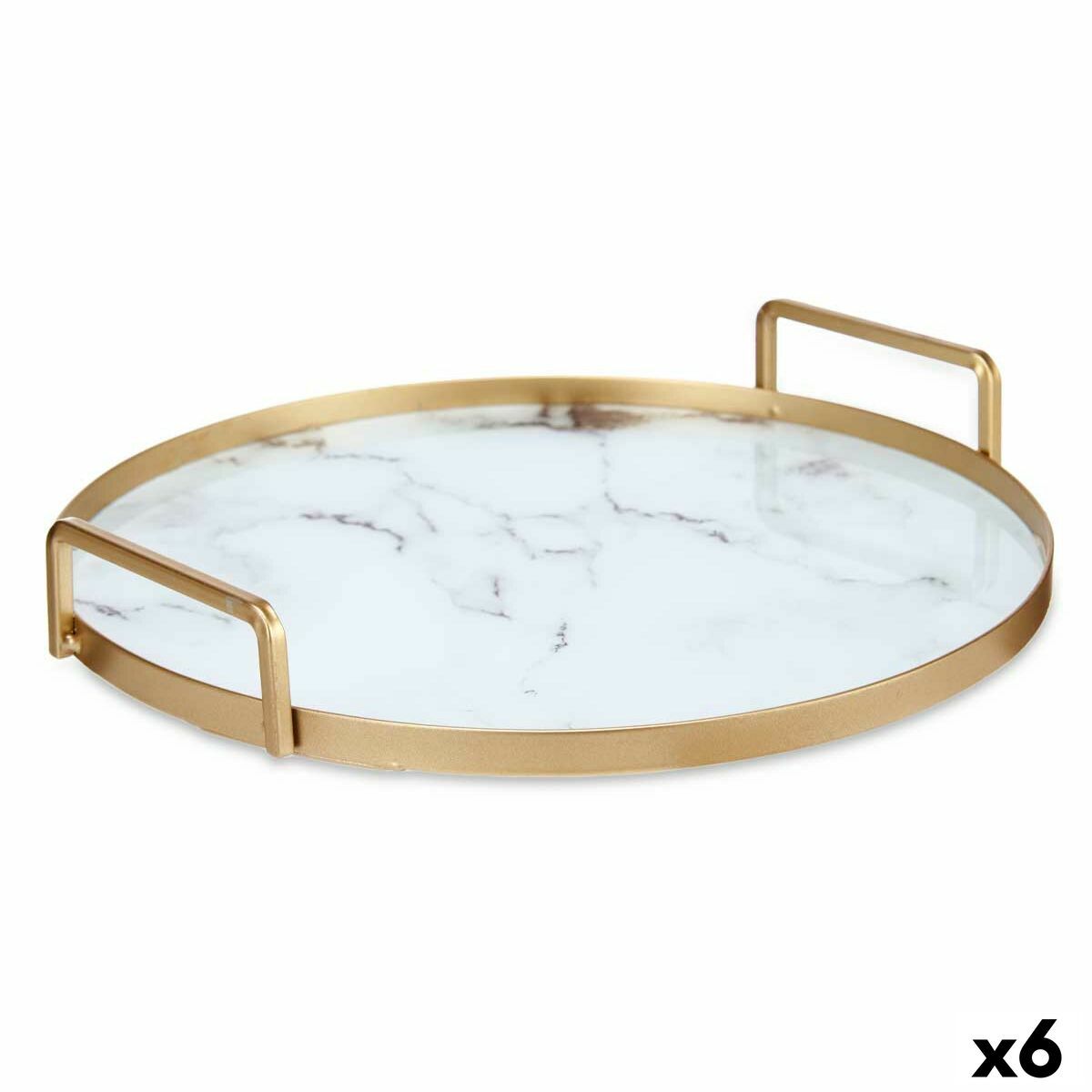 Bricka Marmor Vit Gyllene Metall Glas 25 x 4 x 25 cm (6 antal)
