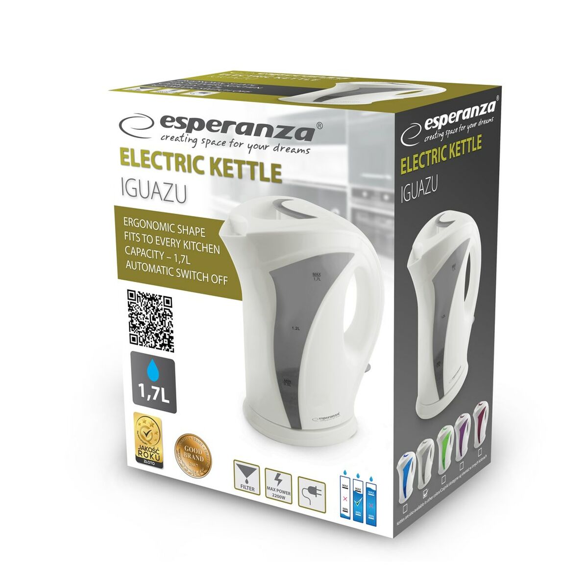 Vattenkokare Esperanza EKK018E  Vit Grå Plast 2200 W 1,7 L - 2