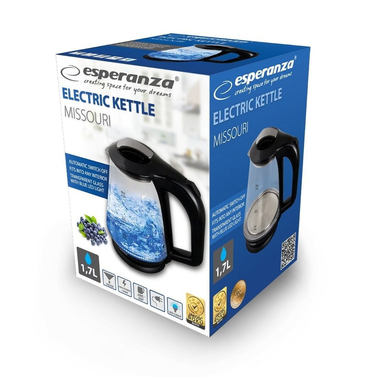 Vattenkokare Esperanza EKK024K Svart Glas Plast 1500 W 1,7 L - 2