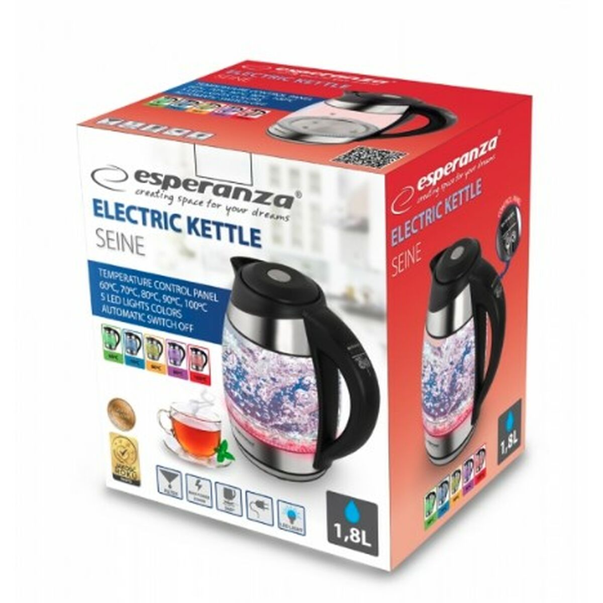 Vattenkokare Esperanza EKK026  Svart Multicolour Glas polypropen Plast 2200 W 1,7 L - 2