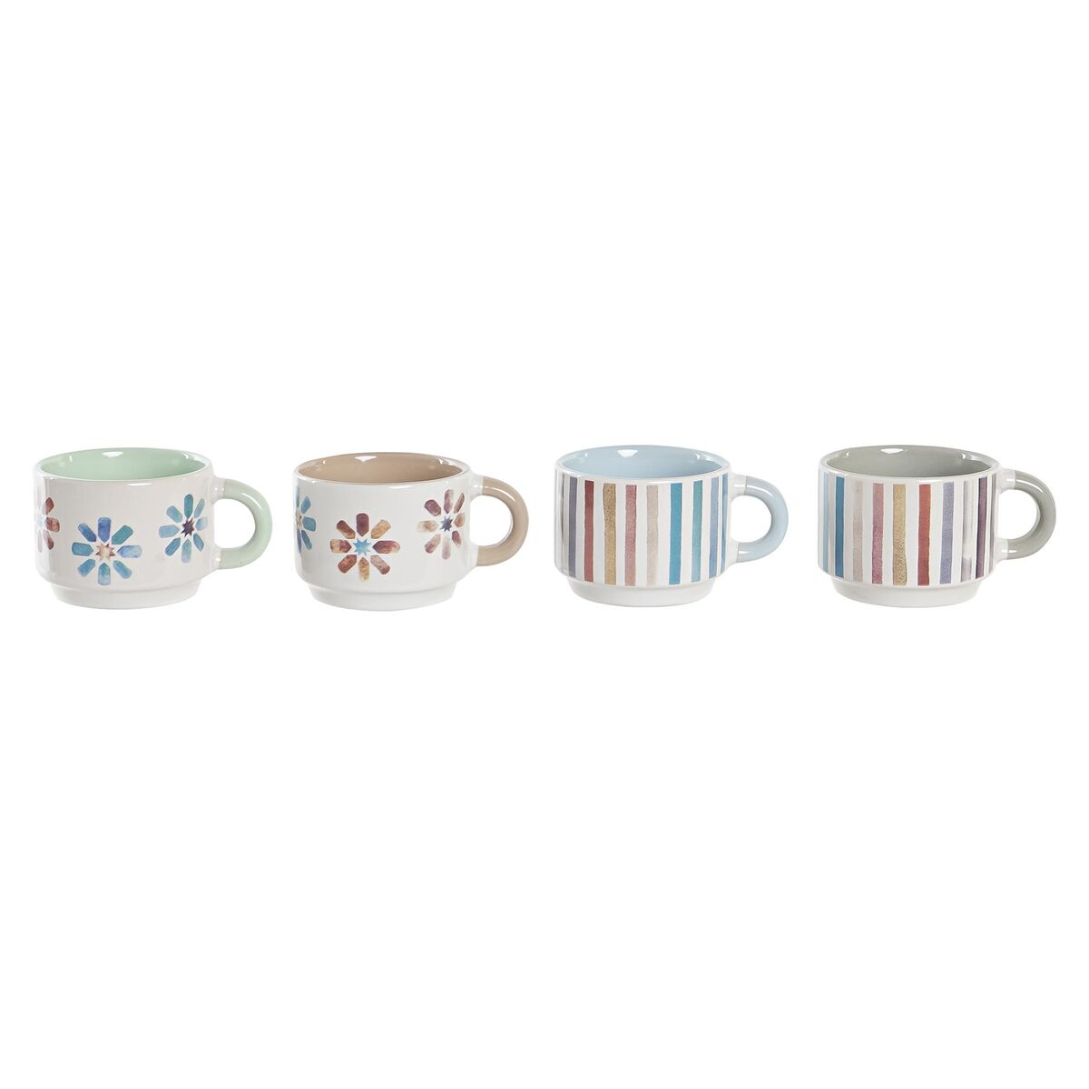 Set med kaffekoppar DKD Home Decor Ränder Virágok Metall Stengods 150 ml 4 Delar - 4