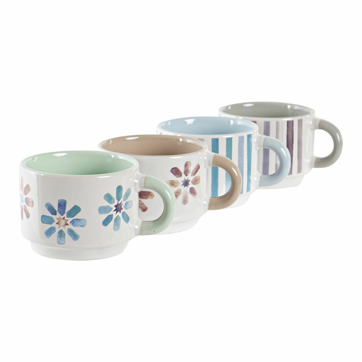 Set med kaffekoppar DKD Home Decor Ränder Virágok Metall Stengods 150 ml 4 Delar - 7