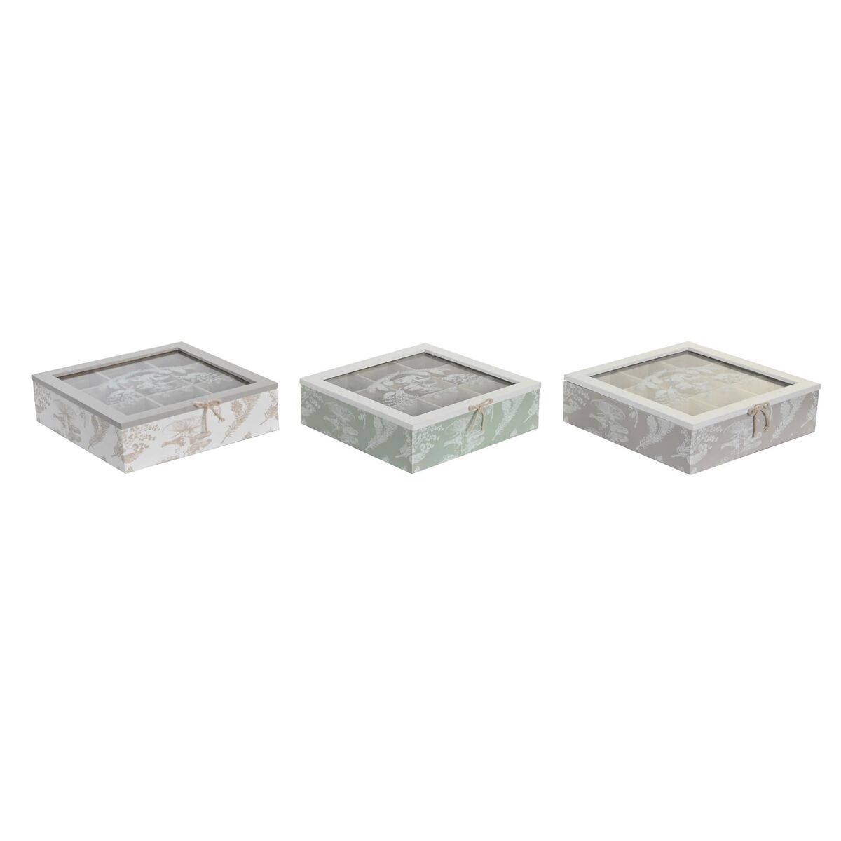 Låda för örtte DKD Home Decor 24,5 x 24,5 x 6 cm Glas Beige Metall Terrakota n Vit Grön Ljusbrun 3 Delar Trä MDF