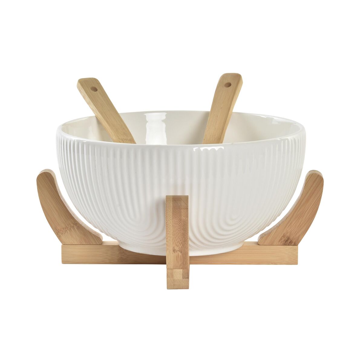Salladsskål DKD Home Decor Vit Naturell Bambu Porslin 3 Delar 27 x 29 x 14 cm