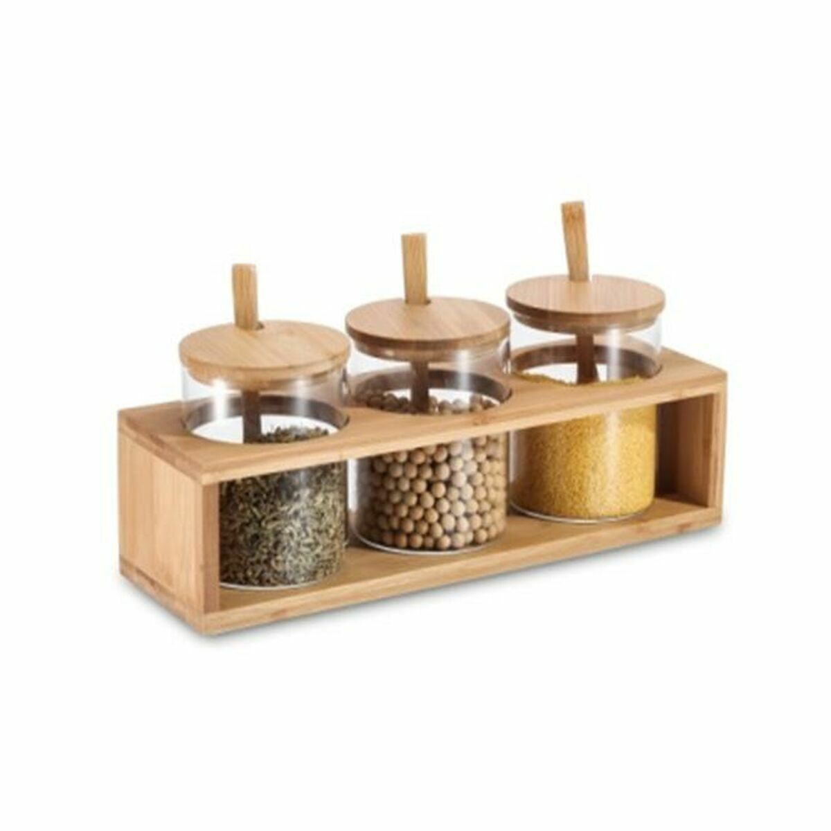 Uppsättning med 3 Burkar DKD Home Decor 31 x 11 x 10,5 cm Naturell Bambu Borosilikatglas - 2