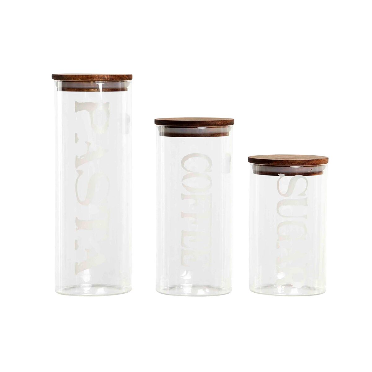 Uppsättning med 3 Burkar DKD Home Decor 10,2 x 10,2 x 27,7 cm Naturell Transparent Akaciaträ Bokstäver Borosilikatglas
