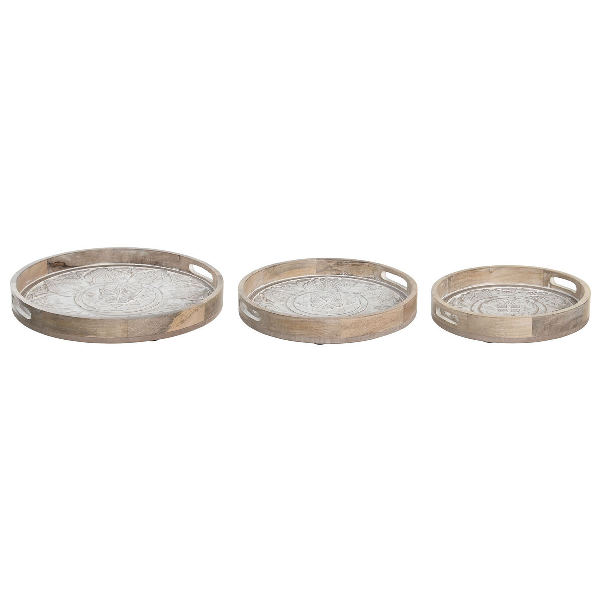 Uppsättning med Brickor DKD Home Decor Vit Brun Mangoträ Blommig Arab 39 x 39 x 4,5 cm