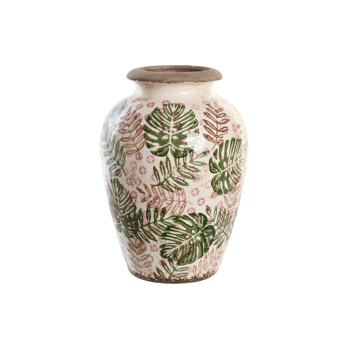 Vas DKD Home Decor Brun Vit Grön Stengods Tropiskt 18 x 18 x 25 cm Löv av en växt