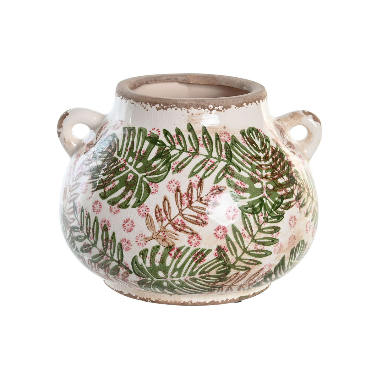 Vas DKD Home Decor 21 x 20 x 16 cm Brun Vit Grön Stengods Tropiskt Löv av en växt