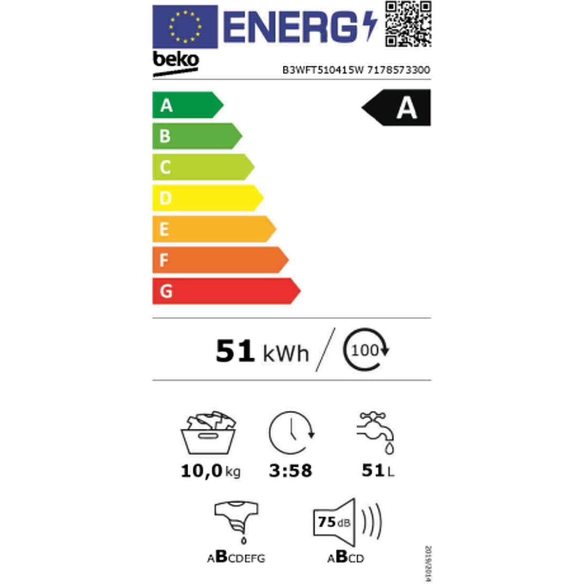 Tvättmaskin BEKO B3WFT510415W 60 cm 1400 rpm 10 kg - 2