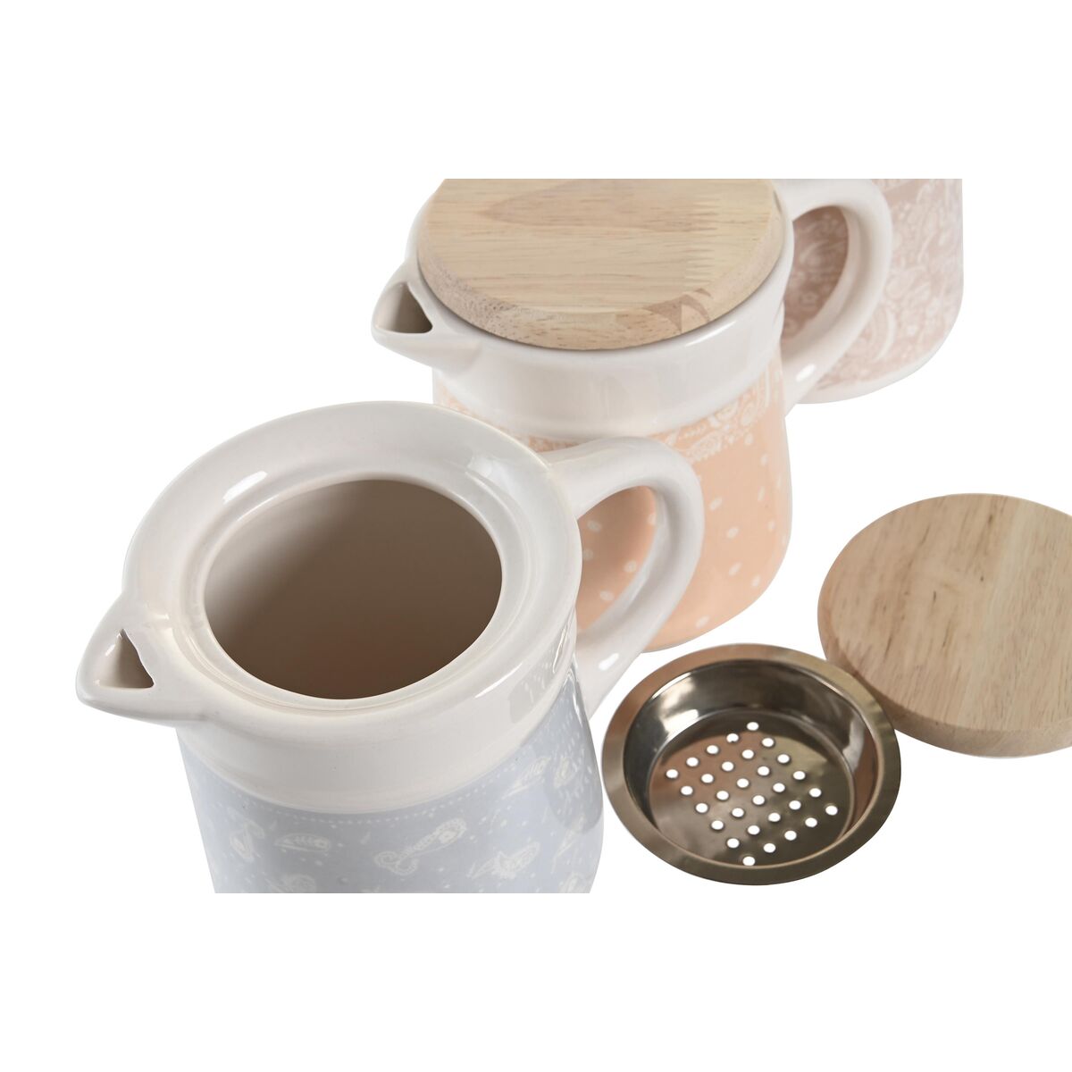 Gryta för att fritera kött eller fisk DKD Home Decor Blå Rosa Rostfritt stål Gul Stengods Trä MDF 680 ml 3 antal - 2