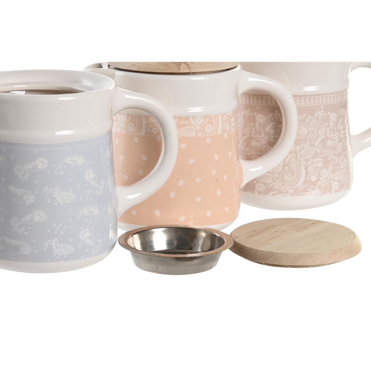 Gryta för att fritera kött eller fisk DKD Home Decor Blå Rosa Rostfritt stål Gul Stengods Trä MDF 680 ml 3 antal - 3