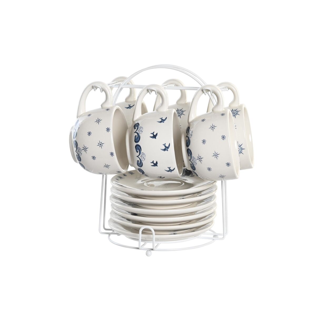 Set med koppar och fat DKD Home Decor Blå Metall Vit 180 ml Dolomite