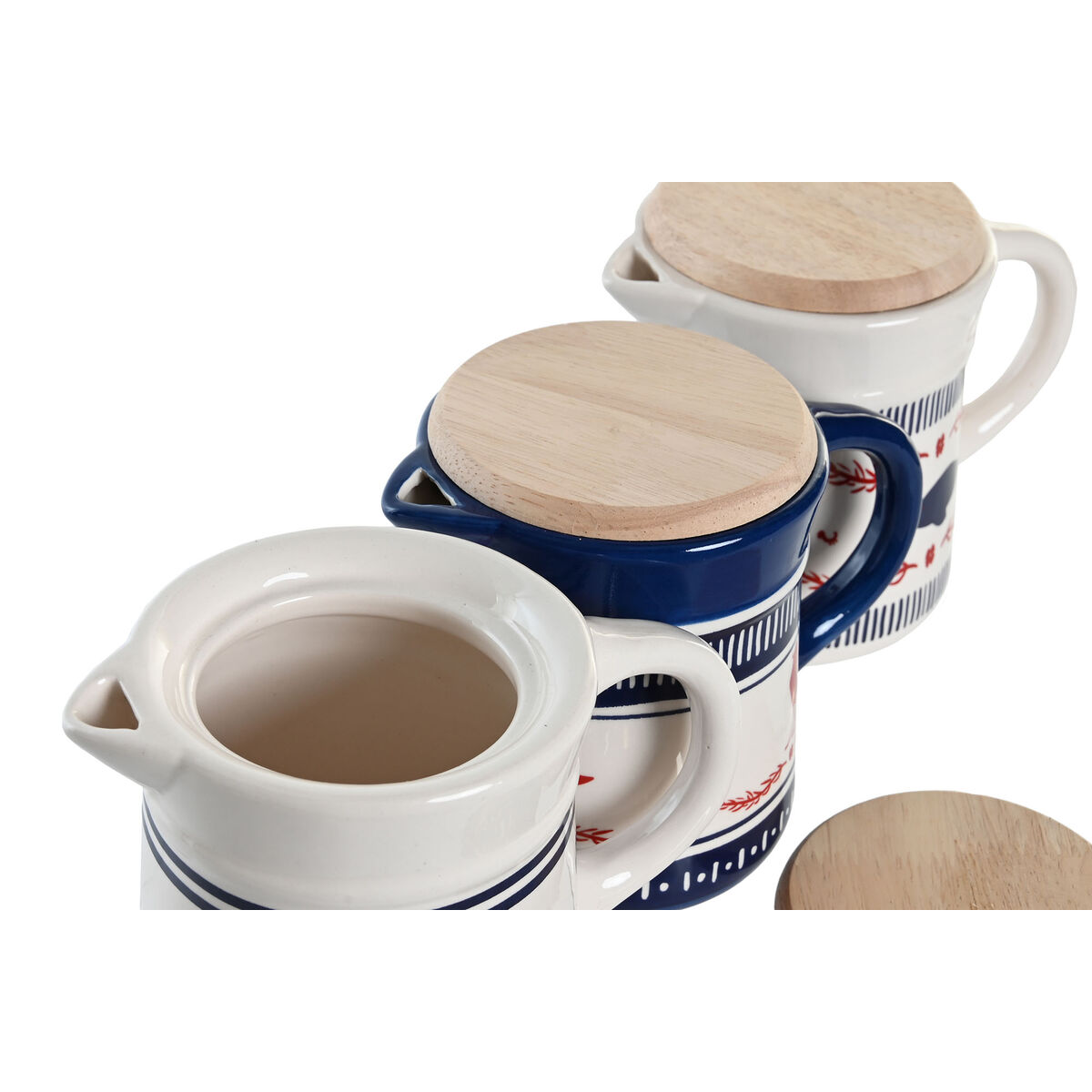 Gryta för att fritera kött eller fisk DKD Home Decor Röd Blå Rostfritt stål Vit Stengods Trä MDF 680 ml 3 antal - 2