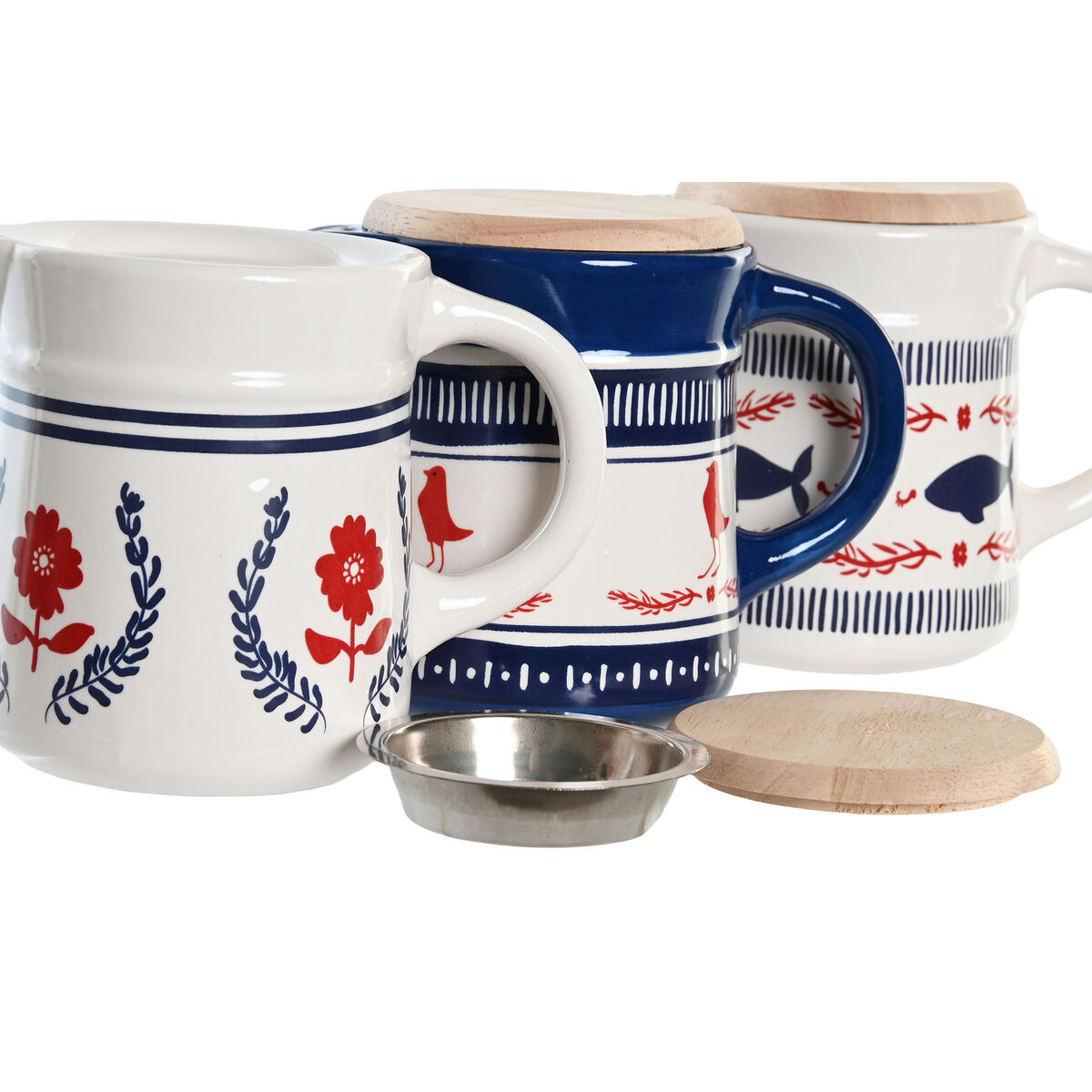 Gryta för att fritera kött eller fisk DKD Home Decor Röd Blå Rostfritt stål Vit Stengods Trä MDF 680 ml 3 antal - 3